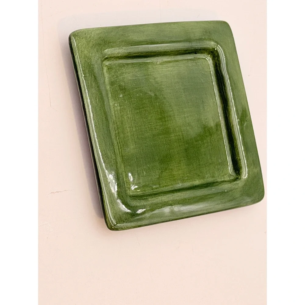 Pottery Barn Green Glazed Ceramic Square Pillar Candle Plate Trinket Tray 4.5in